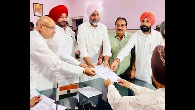 BJP’s Manpreet Singh Badal filing nomination for Gidderbaha on Thursday.