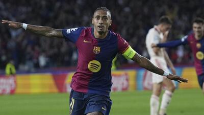 Barcelona's Raphinha celebrates after scoring against Bayern Munich in Barcelona on Wednesday. (AP) Barcelona's Raphinha celebrates after scoring against Bayern Munich in Barcelona on Wednesday. (AP)