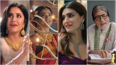 Katrina Kaif, Rashmika Mandanna, Kriti Sanon and Amitabh Bachchan star in a new Diwali ad. Katrina Kaif, Rashmika Mandanna, Kriti Sanon and Amitabh Bachchan star in a new Diwali ad.