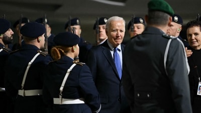 US President Joe Biden is welcomed with military honours upon arrival at Berlin-Brandenburg Airport (BER) in Schoenefeld, southeast of the German capital, late on October 17, 2024. US President Joe Biden began a farewell visit to Germany on October 17 for talks with European leaders on support for Ukraine in its war against Russia and on the Middle East conflict. (AFP) US President Joe Biden is welcomed with military honours upon arrival at Berlin-Brandenburg Airport (BER) in Schoenefeld, southeast of the German capital, late on October 17, 2024. US President Joe Biden began a farewell visit to Germany on October 17 for talks with European leaders on support for Ukraine in its war against Russia and on the Middle East conflict. (AFP)