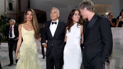 Brad Pitt and girlfriend Ines cruise Venice canals in motorboat with George and Amal Clooney for double date (AFP) Brad Pitt and girlfriend Ines cruise Venice canals in motorboat with George and Amal Clooney for double date (AFP)