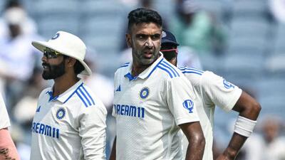 India's Ravichandran Ashwin looks on after taking the wicket of New Zealand's Devon Conway during the first day of the second Test against New Zealand in Pune on Thursday. (AFP) India's Ravichandran Ashwin looks on after taking the wicket of New Zealand's Devon Conway during the first day of the second Test against New Zealand in Pune on Thursday. (AFP)