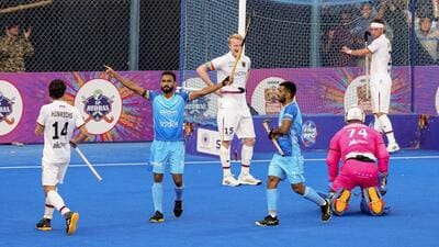 Sukhjeet Singh celebrates after India scored a goal against Germany during the second men's hockey Test at the Major Dhyan Chand National Stadium, in New Delhi, Thursday. (PTI) Sukhjeet Singh celebrates after India scored a goal against Germany during the second men's hockey Test at the Major Dhyan Chand National Stadium, in New Delhi, Thursday. (PTI)