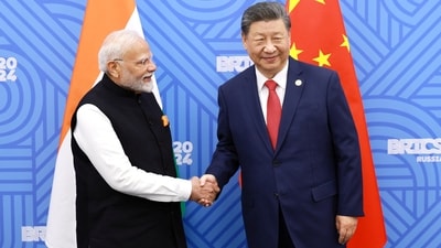 Chinese president Xi Jinping and Prime Minister Narendra Modi on the sidelines of the BRICS summit in Kazan, Russia October 23, 2024. (Reuters)