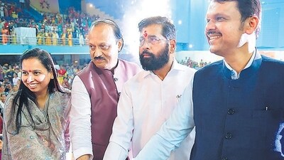 Pune, Aug 17 (ANI): Maharashtra Chief Minister Eknath Shinde with State Deputy Chief Ministers Devendra Fadnavis and Ajit Pawar and State Minister for Women and Child Development Aditi S Tatkare during the launch of Mukhyamantri Ladki Bahin Yojana at Shree Shiv Chhatrapati Kridanagari in Mhalunge-Balewadi, in Pune on Saturday. (ANI Photo) (Eknath Shinde-X) Pune, Aug 17 (ANI): Maharashtra Chief Minister Eknath Shinde with State Deputy Chief Ministers Devendra Fadnavis and Ajit Pawar and State Minister for Women and Child Development Aditi S Tatkare during the launch of Mukhyamantri Ladki Bahin Yojana at Shree Shiv Chhatrapati Kridanagari in Mhalunge-Balewadi, in Pune on Saturday. (ANI Photo) (Eknath Shinde-X)