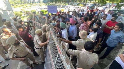 Senators and students during a protest outside the admin block in PU on Thursday. (HT Photo) Senators and students during a protest outside the admin block in PU on Thursday. (HT Photo)