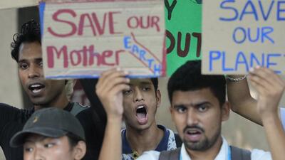 The Emissions Gap Report 2024: Activists shout slogans during a Global Climate Strike protest of the Fridays For Future' movement demanding immediate climate action from policymakers in New Delhi on Sept 20 (AP FILE) The Emissions Gap Report 2024: Activists shout slogans during a Global Climate Strike protest of the Fridays For Future' movement demanding immediate climate action from policymakers in New Delhi on Sept 20 (AP FILE)