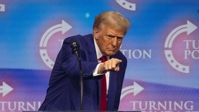 Former US President and Republican presidential candidate Donald Trump gestures as he speaks during a campaign rally at the Gas South Arena in Duluth, Georgia, on October 23, 2024. (AFP) Former US President and Republican presidential candidate Donald Trump gestures as he speaks during a campaign rally at the Gas South Arena in Duluth, Georgia, on October 23, 2024. (AFP)