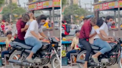 In the dramatic video, two men on a bike stop near a street food vendor in Muzaffarnagar's Khatauli and kidnap a man eating chaat. (X/@SachinGuptaUP) In the dramatic video, two men on a bike stop near a street food vendor in Muzaffarnagar's Khatauli and kidnap a man eating chaat. (X/@SachinGuptaUP)