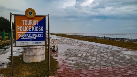 A deserted Chandipur beach in view of cyclone 'Dana', which is expected to make landfall in Odisha, in Balasore on Wednesday. (PTI)