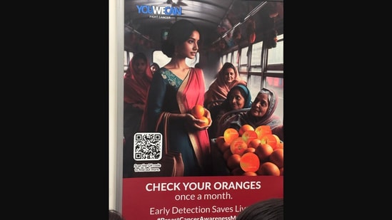 The image shows the ‘check your oranges’ breast cancer awareness ad that people slammed as “insensitive”. (X/@Erroristotle)