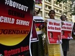 Dhara Shah , mother of Ariha and family members, hold a protest outside Germany consulate in Mumbai to demand her daughter’s return to India.