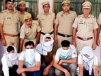 Five of the accused in police custody in Charkhi Dadri. (Manoj Dhaka/HT)