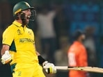 Glenn Maxwell celebrates after scoring a century off balls against Netherlands in a 2023 ODI World Cup match in New Delhi.