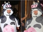 Orry wears a blow-up cow costume for a Halloween party. Orry wears a blow-up cow costume for a Halloween party.