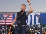 Bruce Springsteen gestures during a rally for Democratic presidential nominee U.S. Vice President Kamala Harris in Georgia, U.S., October 24, 2024. REUTERS/Kevin Lamarque      TPX IMAGES OF THE DAY