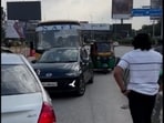 A stream of vehicles was found travelling on the wrong route at the busy Hebbal flyover, blocking the traffic. 