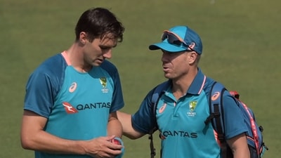 Australia's captain Pat Cummins (L) and David Warner take part in a practice session at the Arun Jaitley Stadium in New Delhi. (AFP) Australia's captain Pat Cummins (L) and David Warner take part in a practice session at the Arun Jaitley Stadium in New Delhi. (AFP)