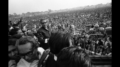 FILE - Bengali nationalist leader Sheikh Mujibur Rahman walks towards a battery of microphones to address an estimated one million people at a rally in Dacca's Race Course Ground in Dacca, Jan. 11, 1972. (AP Photo/Michel Laurent, File) (AP) FILE - Bengali nationalist leader Sheikh Mujibur Rahman walks towards a battery of microphones to address an estimated one million people at a rally in Dacca's Race Course Ground in Dacca, Jan. 11, 1972. (AP Photo/Michel Laurent, File) (AP)