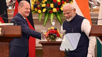 German Chancellor Olaf Scholz and Prime Minister Narendra Modi at a joint press conference at Hyderabad House in New Delhi on Friday. (HT Photo/Ajay Aggarwal) German Chancellor Olaf Scholz and Prime Minister Narendra Modi at a joint press conference at Hyderabad House in New Delhi on Friday. (HT Photo/Ajay Aggarwal)