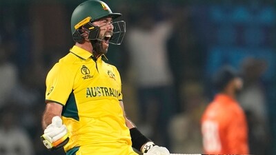 Glenn Maxwell celebrates after scoring a century off balls against Netherlands in a 2023 ODI World Cup match in New Delhi. (AP Photo) Glenn Maxwell celebrates after scoring a century off balls against Netherlands in a 2023 ODI World Cup match in New Delhi. (AP Photo)