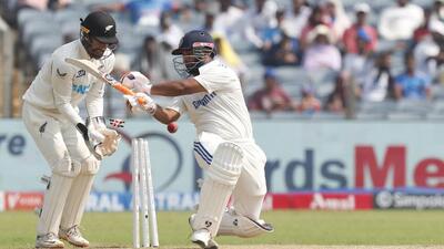 India’s Rishabh Pant is bowled by Glenn Phillips of New Zealand during Day 2 of the 2nd Test in Pune on Friday. (BCCI) India’s Rishabh Pant is bowled by Glenn Phillips of New Zealand during Day 2 of the 2nd Test in Pune on Friday. (BCCI)