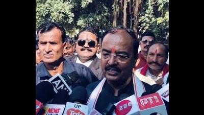 Keshav Prasad Maurya addressing the media persons in Prayagraj on Friday Keshav Prasad Maurya addressing the media persons in Prayagraj on Friday