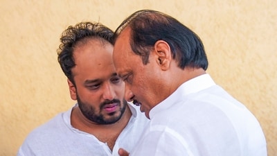 Maharashtra Deputy Chief Minister and NCP leader Ajit Pawar with party leader Baba Siddique's son Zeeshan Siddique at Cooper Hospital, where the mortal remains of Baba Siddique were brought for postmortem in Mumbai. (PTI)