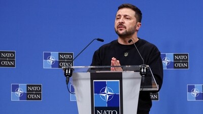 Ukraine's president Volodymyr Zelenskiy attends a press conference, at the NATO headquarters (REUTERS)