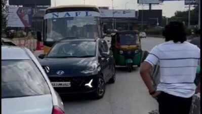A stream of vehicles was found travelling on the wrong route at the busy Hebbal flyover, blocking the traffic. A stream of vehicles was found travelling on the wrong route at the busy Hebbal flyover, blocking the traffic.