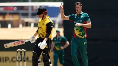 Beau Webster of Tasmania celebrates one of his six wickets in Western Australia's collapse. (Getty) Beau Webster of Tasmania celebrates one of his six wickets in Western Australia's collapse. (Getty)