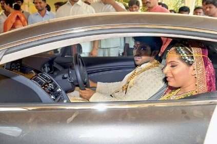 Ram Charan and Upasana Konidela in their new Aston Martin at their wedding. Ram Charan and Upasana Konidela in their new Aston Martin at their wedding.