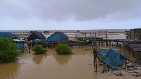 View of a jetty ahead of cyclone Dana landfall at Dhamra in Bhadrak district. View of a jetty ahead of cyclone Dana landfall at Dhamra in Bhadrak district.