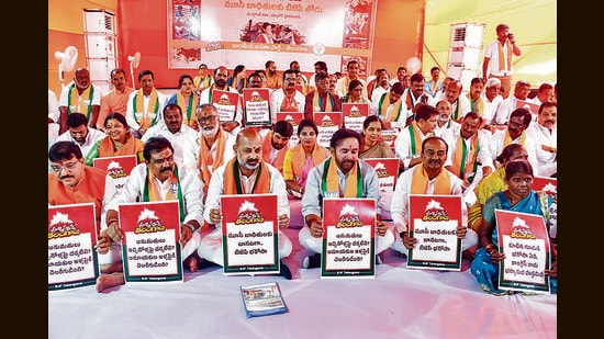 The BJP organised a day-long Maha Dharna at Dharna Chowk near Indira Park in the city to express solidarity with the poor people, whose houses were marked for demolition by the Musi Riverfront Development Project (MRDP) authorities. (Mohammed Aleemuddin)