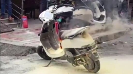 An Ola Electric scooter gutted in fire in front of Bengaluru showroom.