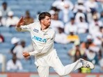 New Zealand's Mitchell Santner in action during Day 3 of the second test match against India, at Maharashtra Cricket Association Stadium in Pune on Saturday. New Zealand's Mitchell Santner in action during Day 3 of the second test match against India, at Maharashtra Cricket Association Stadium in Pune on Saturday.