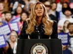 Singer Beyonce speaks during a campaign rally of Democratic presidential nominee U.S. Vice President Kamala Harris, in Houston, Texas, U.S., October 25, 2024. REUTERS/Marco Bello