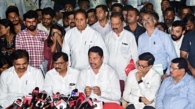 Maharashtra Congress President Nana Patole, Shiv Sena (Uddhav Balasaheb Thackeray) leader Sanjay Raut, Nationalist Congress Party - Sharadchandra Pawar (NCP-SP) leader Anil Deshmukh address a joint press conference ahead of the Maharashtra Assembly election, in Mumbai. (File image) (Nitin Lawate) Maharashtra Congress President Nana Patole, Shiv Sena (Uddhav Balasaheb Thackeray) leader Sanjay Raut, Nationalist Congress Party - Sharadchandra Pawar (NCP-SP) leader Anil Deshmukh address a joint press conference ahead of the Maharashtra Assembly election, in Mumbai. (File image) (Nitin Lawate)