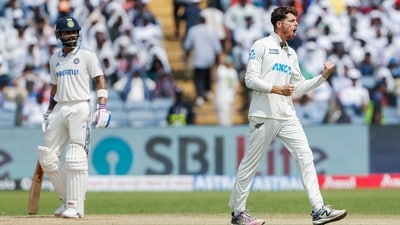 In the second innings, Santner's 6/104 saw him remove Yashasvi Jaiswal (77), Rohit Sharma (8), Shubman Gill (23), Virat Kohli (17), Sarfaraz Khan (9) and R Ashwin (18). In the first innings, Santner returned with figures of 7/53. (Surjeet Yadav) In the second innings, Santner's 6/104 saw him remove Yashasvi Jaiswal (77), Rohit Sharma (8), Shubman Gill (23), Virat Kohli (17), Sarfaraz Khan (9) and R Ashwin (18). In the first innings, Santner returned with figures of 7/53. (Surjeet Yadav)