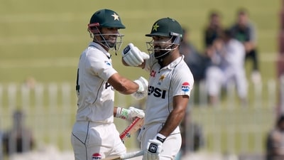 Pakistan's Shan Masood, left, and Pakistan's Abdullah Shafique celebrate after winning the third test cricket match against England, in Rawalpindi (AP) Pakistan's Shan Masood, left, and Pakistan's Abdullah Shafique celebrate after winning the third test cricket match against England, in Rawalpindi (AP)