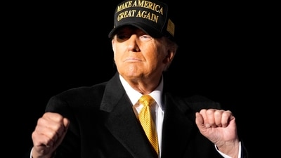 Republican presidential nominee former President Donald Trump walks off stage after speaking at a campaign rally at Cherry Capital Airport, Friday, Oct. 25, 2024, in Traverse City, Mich. (AP Photo/Alex Brandon) (AP) Republican presidential nominee former President Donald Trump walks off stage after speaking at a campaign rally at Cherry Capital Airport, Friday, Oct. 25, 2024, in Traverse City, Mich. (AP Photo/Alex Brandon) (AP)