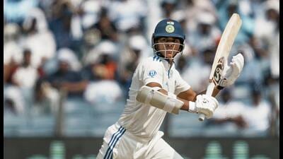 India opener Yashasvi Jaiswal on way to his fifty in the second Test against New Zealand on Saturday. (PTI) India opener Yashasvi Jaiswal on way to his fifty in the second Test against New Zealand on Saturday. (PTI)