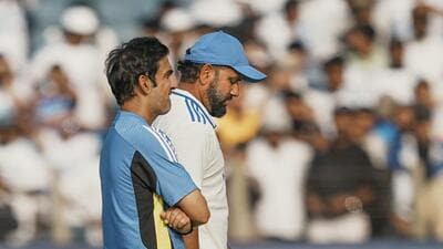 India skipper Rohit Sharma and head coach Gautam Gambhir after the defeat in three days to New Zealand in second Test at Pune’s Maharashtra Cricket Association Stadium on Saturday. (PTI) India skipper Rohit Sharma and head coach Gautam Gambhir after the defeat in three days to New Zealand in second Test at Pune’s Maharashtra Cricket Association Stadium on Saturday. (PTI)