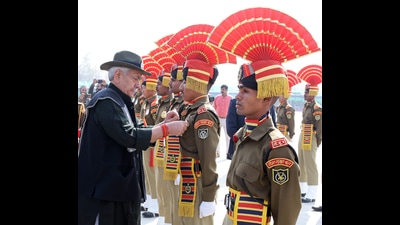 Jammu and Kashmir lieutenant governor Manoj Sinha during passing out parade of BSF recruit constables at Humhama, in Budgam on Saturday. (ANI) Jammu and Kashmir lieutenant governor Manoj Sinha during passing out parade of BSF recruit constables at Humhama, in Budgam on Saturday. (ANI)