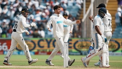 Defending a target of 359 runs, New Zealand bowled out India for 245, as Mitchell Santner took his match tally to 13 wickets. (PTI) Defending a target of 359 runs, New Zealand bowled out India for 245, as Mitchell Santner took his match tally to 13 wickets. (PTI)