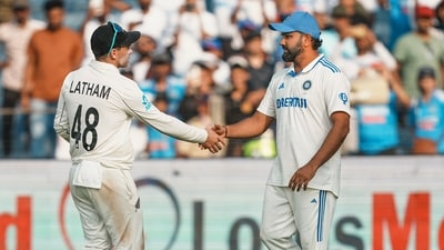 Rohit Sharma and Tom Latham shake hands after New Zealand won the second test cricket match against India. (PTI Photo/Kunal Patil) (PTI10_26_2024_000257A) (PTI) Rohit Sharma and Tom Latham shake hands after New Zealand won the second test cricket match against India. (PTI Photo/Kunal Patil) (PTI10_26_2024_000257A) (PTI)