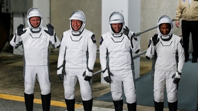 NASA's SpaceX Crew-8 astronauts Matthew Dominick, Michael Barratt, and Jeanette Epps, and Roscosmos cosmonaut Alexander Grebenkin, depart their crew quarters for the launch pad before their mission to the International Space Station, aboard a SpaceX Falcon 9 rocket from the Kennedy Space Center in Cape Canaveral,  Florida, U.S., March 3, 2024. (REUTERS)