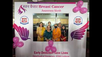 Survivors photographed at the selfie point set up at KGMU, Lucknow, for breast cancer awareness month programme. (Sourced) Survivors photographed at the selfie point set up at KGMU, Lucknow, for breast cancer awareness month programme. (Sourced)