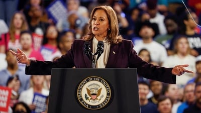 Democratic presidential nominee U.S. Vice President Kamala Harris speaks during her campaign rally with singer Beyonce, in Houston, Texas, U.S., October 25, 2024. (REUTERS)