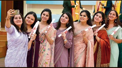 Young doctors pose for a selfie after receiving their degrees during convocation ceremony at Dayanand Medical College and Hospital in Ludhiana on Saturday. (Manish/HT)